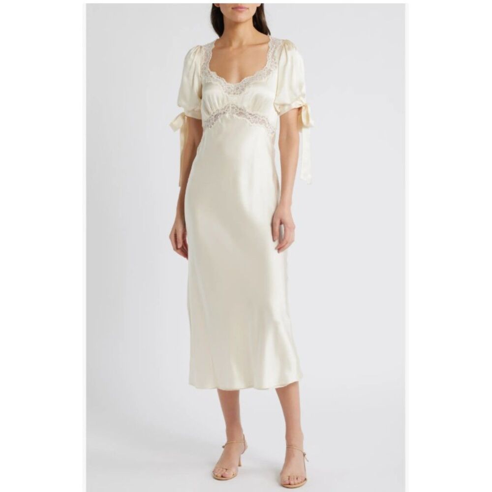 Reformation x Kacey Musgraves Ivory Stella Lace Trim Silk Midi Dress Size 6